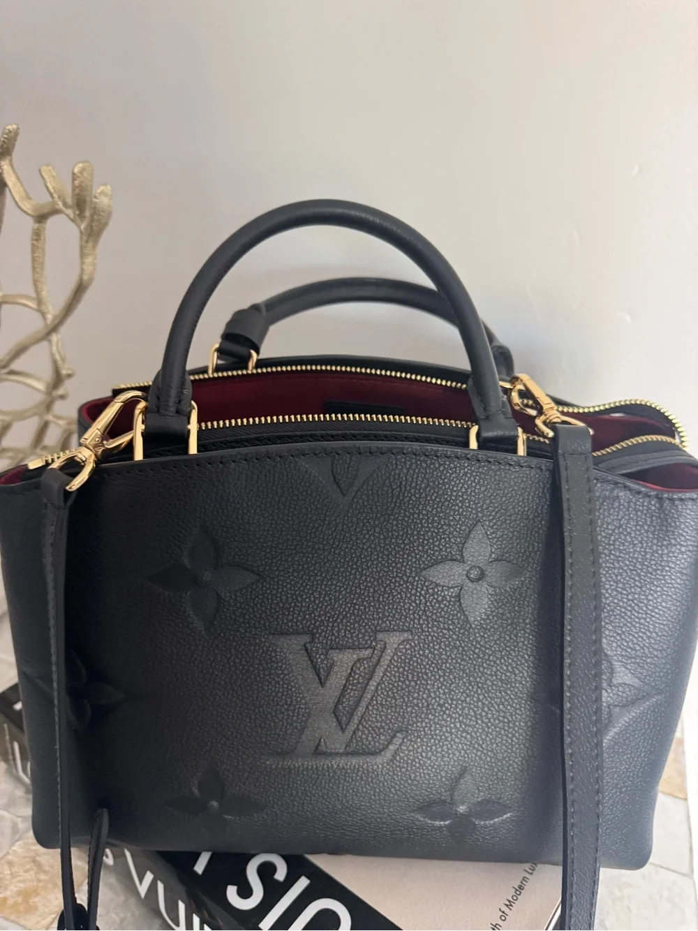 Louis Vuitton Black Embossed Monogram Satchel with Gold Hardware